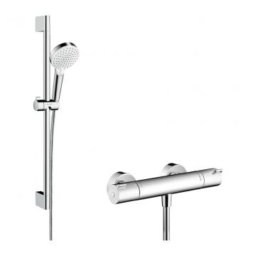 Hansgrohe Crometta - Vario sprchová súprava na stenu s termostatom Ecostat 1001 CL a sprchovou tyčou 65 cm, biela/chróm 27812400