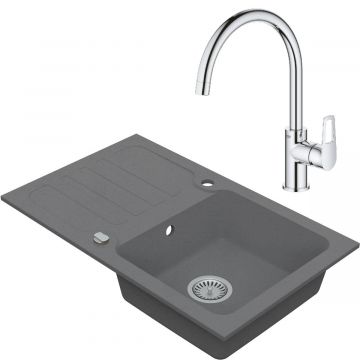 Drezový set Grohe 2/C - Granitový drez s odkvapkávacou plochou 780x480 mm, sivá + Drezová batéria Grohe Bau Loop