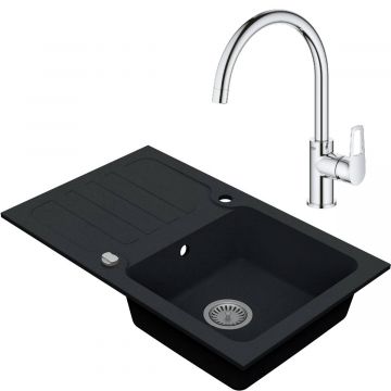 Drezový set Grohe 2/O - Granitový drez s odkvapkávacou plochou 780x480 mm, tmavý grafit matný + Drezová batéria Grohe Bau Loop