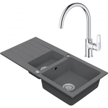 Drezový set Grohe 3/C - Granitový drez 960x480 mm 1,5-sektora s odkvapkávacou plochou, sivá + Drezová batéria Grohe Bau Loop