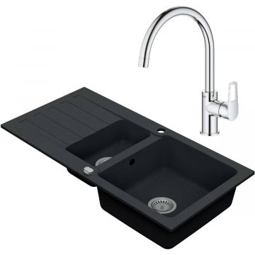 Drezový set Grohe 3/O - Granitový drez 960x480 mm 1,5-sektora s odkvapkávacou plochou, tmavý grafit matný + Drezová batéria Grohe Bau Loop