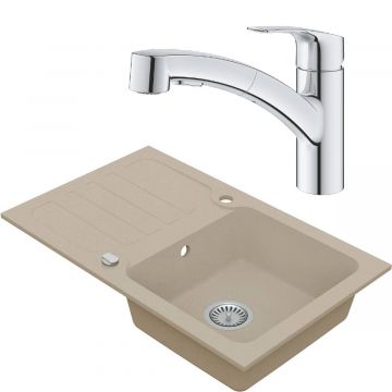 Drezový set Grohe 5/A - Granitový drez s odkvapkávacou plochou 780x480 mm, piesková + Drezová batéria Grohe Eurosmart