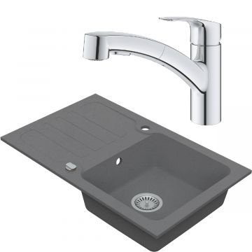 Drezový set Grohe 5/C - Granitový drez s odkvapkávacou plochou 780x480 mm, sivá + Drezová batéria Grohe Eurosmart