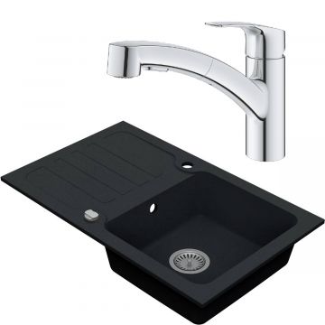 Drezový set Grohe 5/O - Granitový drez s odkvapkávacou plochou 780x480 mm, tmavý grafit matný + Drezová batéria Grohe Eurosmart