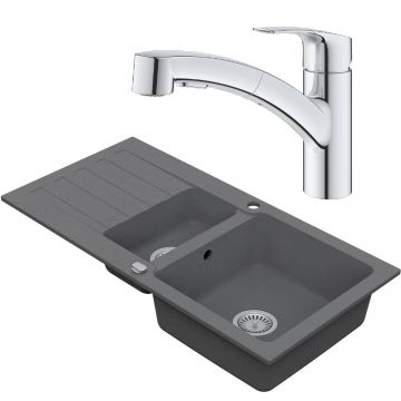 Drezový set Grohe 6/C - Granitový drez 960x480 mm 1,5-sektora s odkvapkávacou plochou, sivá + Drezová batéria Grohe Eurosmart