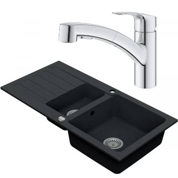 Drezový set Grohe 6/O - Granitový drez 960x480 mm 1,5-sektora s odkvapkávacou plochou, tmavý grafit matný + Drezová batéria Grohe Eurosmart