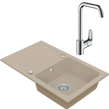 Drezový set Hansgrohe 2/A - Granitový drez s odkvapkávacou plochou 780x480 mm, piesková + Drezová batéria Hansgrohe Focus