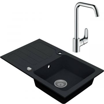 Drezový set Hansgrohe 2/O - Granitový drez s odkvapkávacou plochou 780x480 mm, tmavý grafit matná + Drezová batéria Hansgrohe Focus