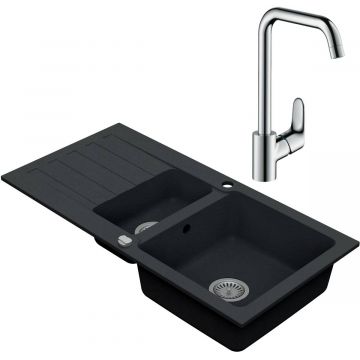 Drezový set Hansgrohe 3/O - Granitový drez 960x480 mm 1,5-sektora s odkvapkávacou plochou, tmavý grafit matný + Drezová batéria Hansgrohe Focus