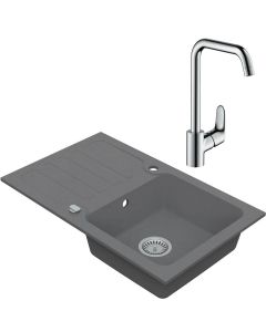 Drezový set Hansgrohe 2/C - Granitový drez s odkvapkávacou plochou 780x480 mm, sivá + Drezová batéria Hansgrohe Focus