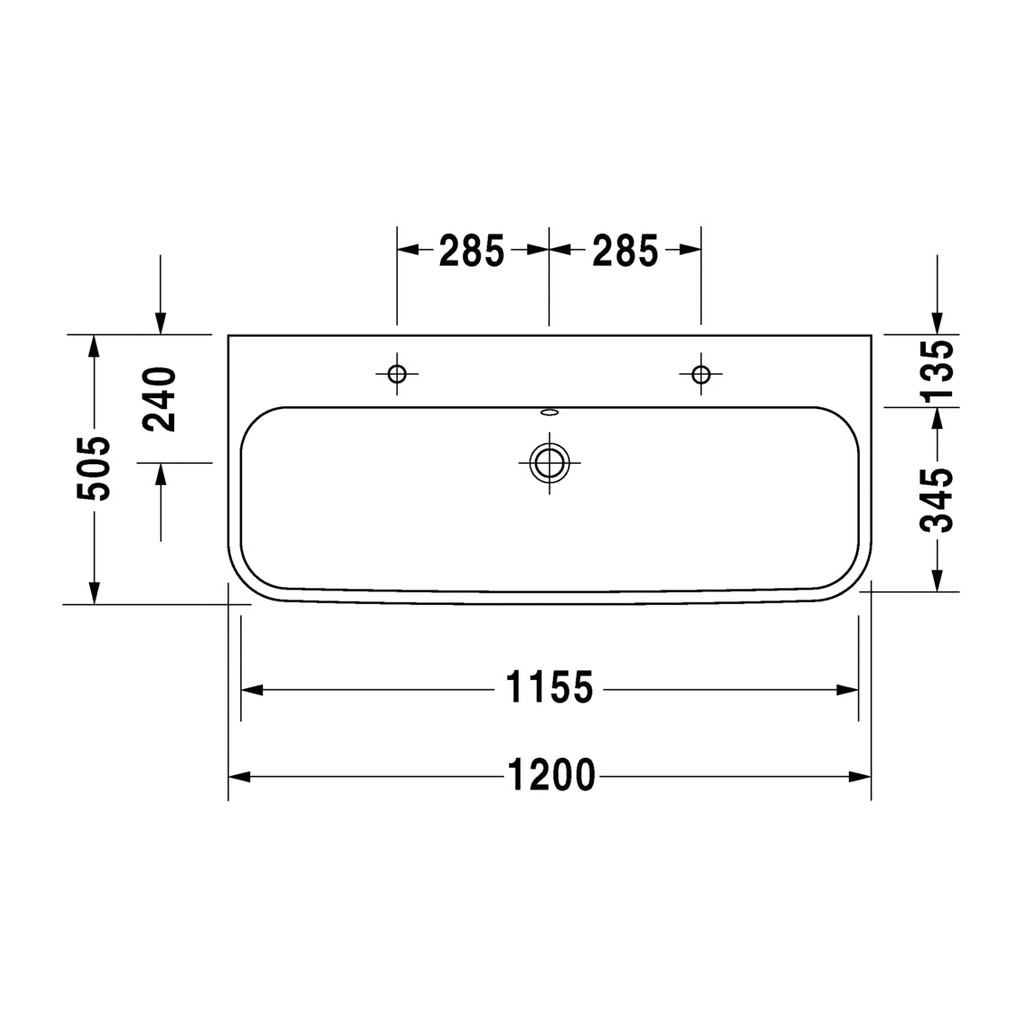 Obrázok Duravit Happy D.2 - Brúsené umývadlo, 2 otvory vo veľkom rozostupe prepichnuté, 1200 x 505 mm, biele 2318120026