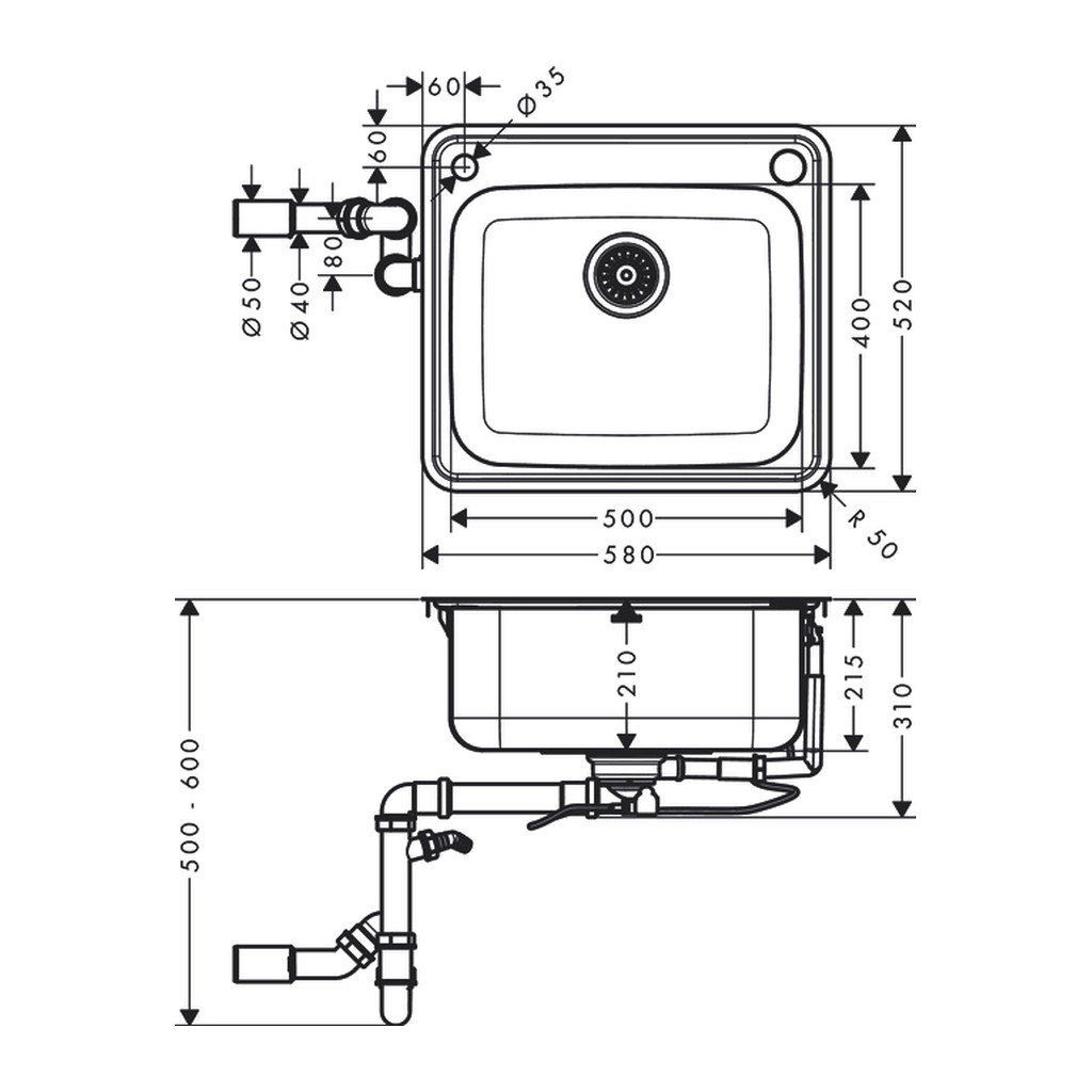 Obrázok Hansgrohe S41 - S412-F500 Vstavaný drez 500/400, nerezová oceľ 43336800