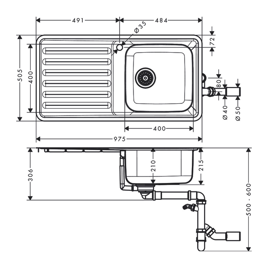 Obrázok Hansgrohe S41 - S4111-F400 Vstavaný drez 400/400 s odkvapkávačom, nerezová oceľ 43341800