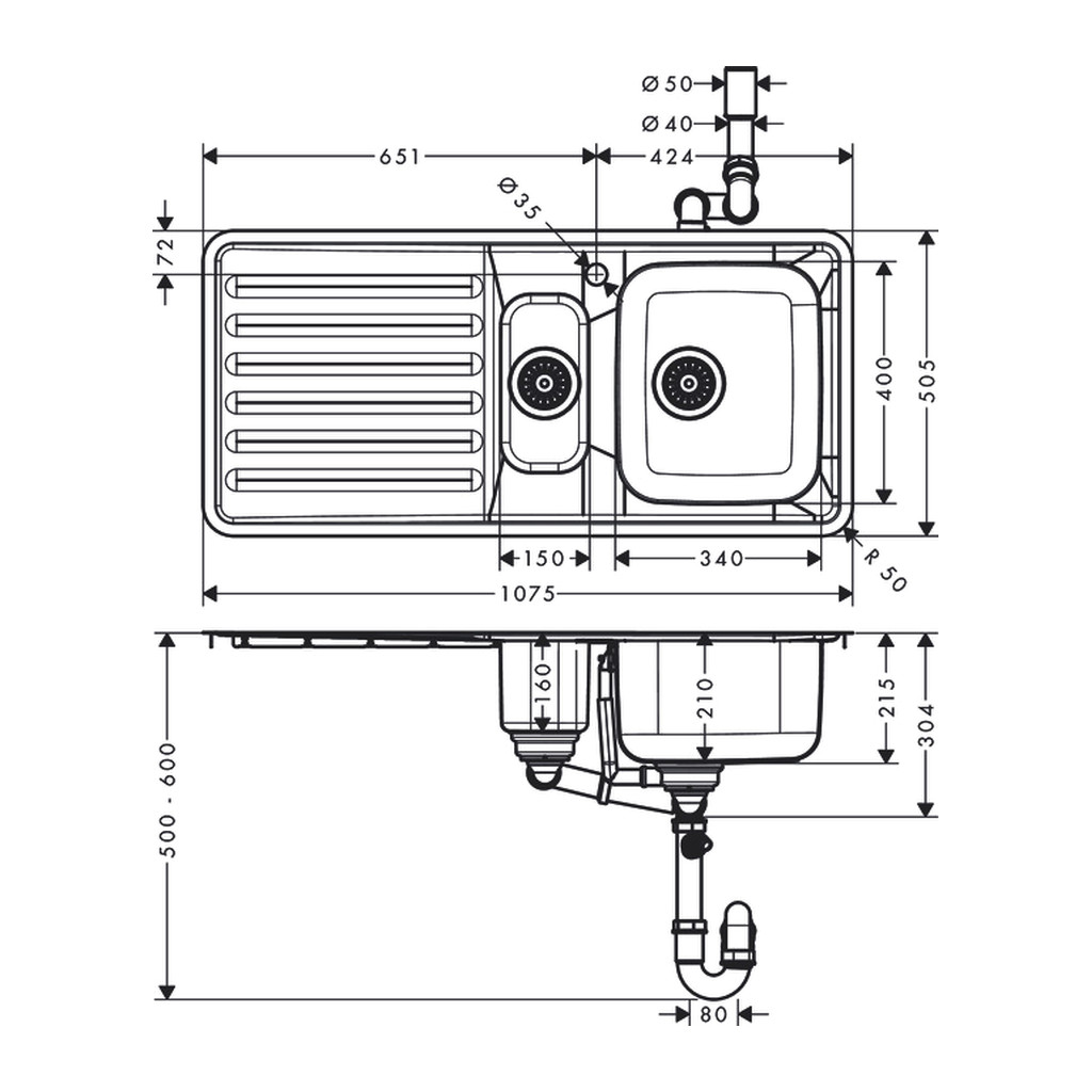 Obrázok Hansgrohe S41 - S4111-F540 Vstavaný drez 340/150/400 s odkvapkávačom, nerezová oceľ 43342800